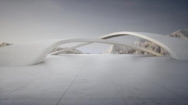 Modern binanın soyut mimari tasarımı 3D tasarımı. Dağ ve mavi gökyüzü manzaralı boş park alanı beton zemin.