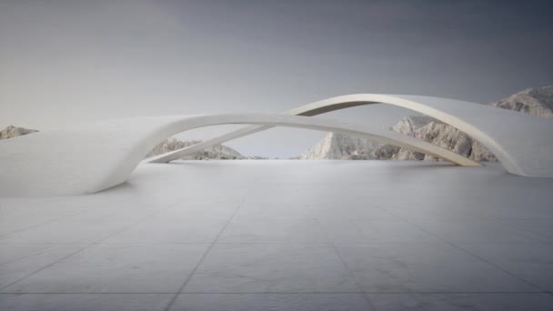 近代的な建物の抽象建築デザイン3Dレンダリング 空の駐車場 コンクリートフロア 山と青空の景色 — ストック動画