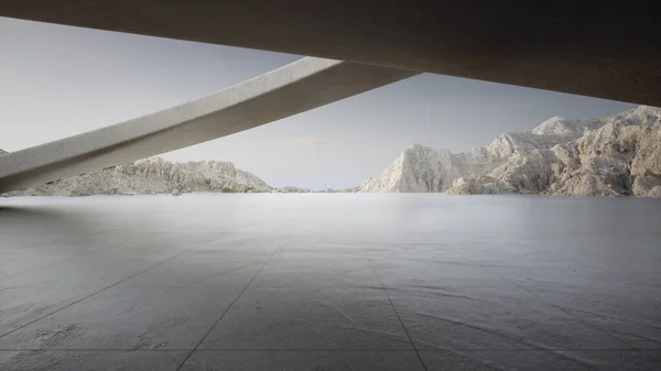 Modern binanın soyut mimari tasarımı 3D tasarımı. Dağ ve mavi gökyüzü manzaralı boş park alanı beton zemin.