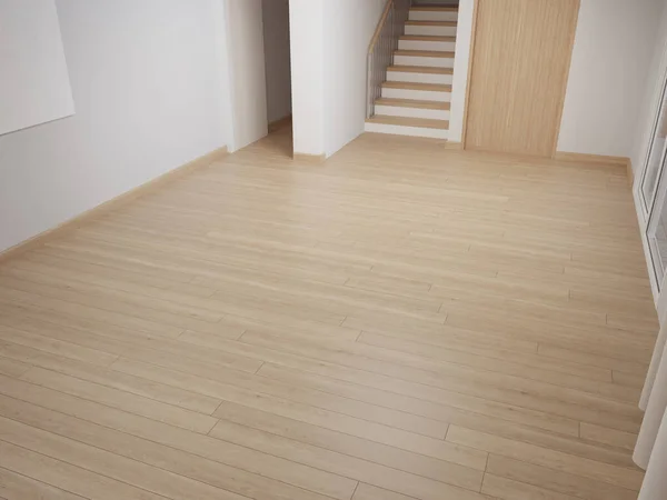 Modern evdeki ya da lüks villadaki parlak oturma odasının ahşap zemini. Beyaz duvarlı ev içi 3D görüntüleme.