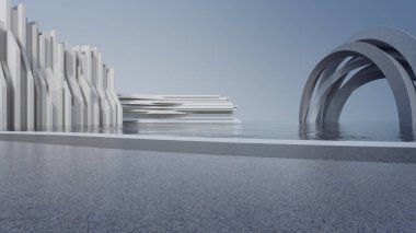 Modern binanın soyut mimari tasarımı. Boş park yeri ve beton yapı. Araba sahnesi için 3B görüntü oluşturuluyor.