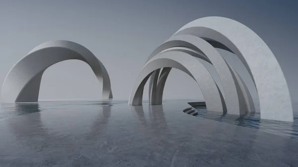 Modern binanın soyut mimari tasarımı. Boş park yeri ve beton yapı. Araba sahnesi için 3B görüntü oluşturuluyor.