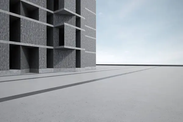 Tyhjä Betonilattia Parkkipaikalle Rakennuksella Abstraktin Arkkitehtuuritaustan Renderöinti — kuvapankkivalokuva