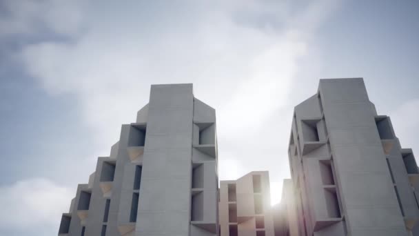 Betongbyggnad Med Modern Design Återgivning Abstrakt Arkitektur Med Himmel Bakgrund — Stockvideo