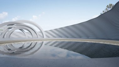 Modern binanın soyut mimari tasarımı. Boş zemin ve beton yapı duvarı. 3B oluşturma arkaplan resmi.