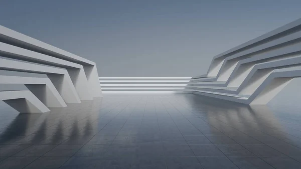 Modern binanın soyut mimari tasarımı. Boş park yeri ve mavi gökyüzü manzaralı beton duvar. Araba sahnesi için 3B görüntü oluşturuluyor.