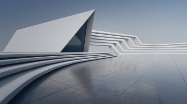 Modern binanın soyut mimari tasarımı. Boş park alanı, beton zemin, mavi gökyüzü. Araba sahnesi için 3B görüntü oluşturuluyor.