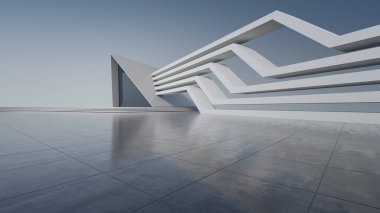 Modern binanın soyut mimari tasarımı. Boş park alanı, beton zemin, mavi gökyüzü. Araba sahnesi için 3B görüntü oluşturuluyor.
