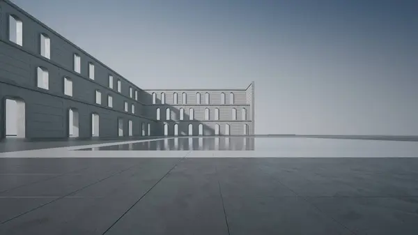 Klasik binanın soyut mimari tasarımı. Boş park yeri ve mavi gökyüzü manzaralı beton duvar. Araba sahnesi için 3B görüntü oluşturuluyor.