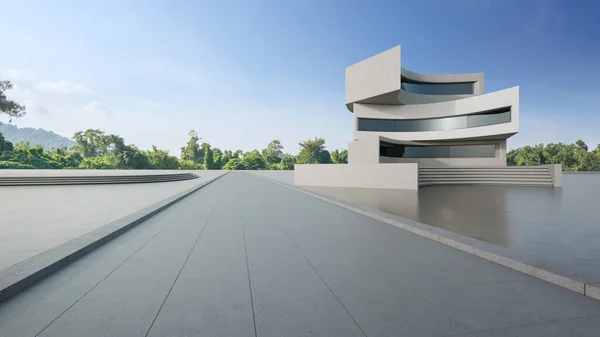 Modern binanın soyut mimari tasarımı. Boş park alanı, beton zemin, mavi gökyüzü. Araba sahnesi için 3B görüntü oluşturuluyor.