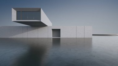 Modern binanın soyut mimari tasarımı. Boş park yeri ve mavi gökyüzü manzaralı beton duvar. Araba sahnesi için 3B görüntü oluşturuluyor.