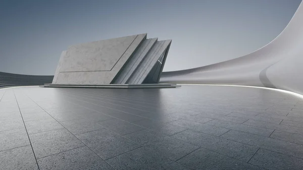 Modern binanın soyut mimari tasarımı. Boş park alanı, beton zemin, mavi gökyüzü. Araba sahnesi için 3B görüntü oluşturuluyor.