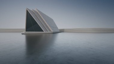 Modern binanın soyut mimari tasarımı. Boş park alanı, beton zemin, mavi gökyüzü. Araba sahnesi için 3B görüntü oluşturuluyor.