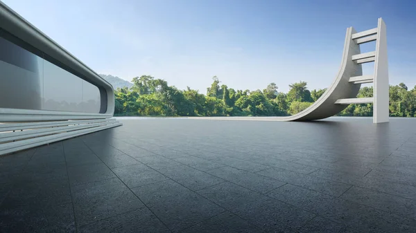 Boş beton zemin ve gri duvar. Gökyüzü arkaplanı açık modern binanın 3D görüntülemesi.