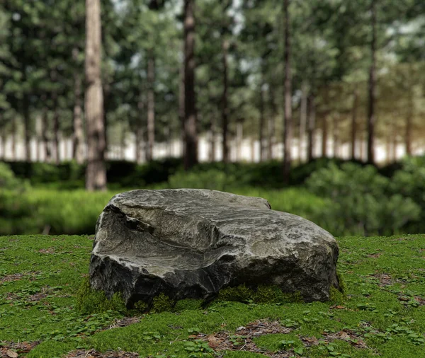 Пустой Каменный Подиум Мхом Рендеринг Изолированных Объектов Размытым Ландшафтным Фоном — стоковое фото