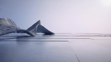 Boş beton zemin ve metal doku eğrisi elementi. Soyut gri yapının 3d görüntülenmesi.