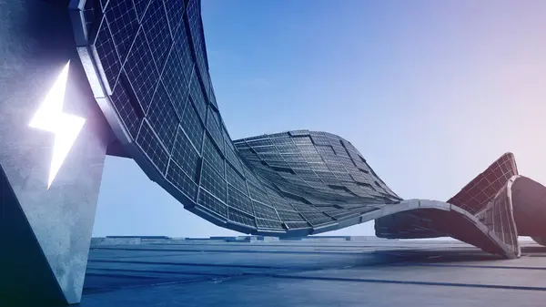 Şarj istasyonu ve güneş panelleri. Soyut eğri yapısının 3d görüntülenmesi.