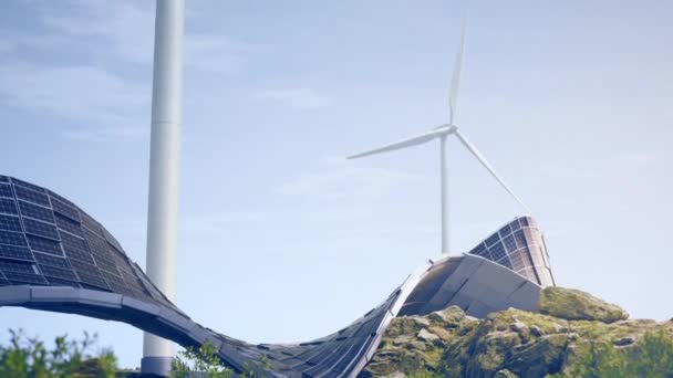 風力タービン農場とソーラーパネル 風車との抽象曲線構造の3Dレンダリング — ストック動画