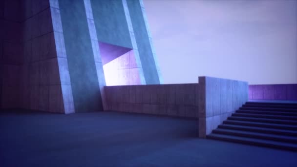 魔法のライトが付いている具体的な建物 夜空を背景にした抽象建築の3Dレンダリング — ストック動画