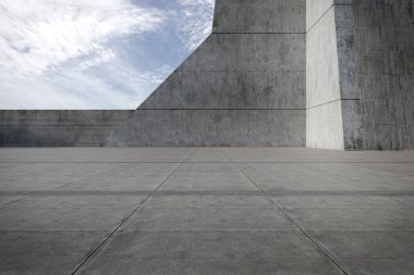 Park için boş beton zemin. Soyut dış mimari arkaplanının 3d görüntülenmesi.