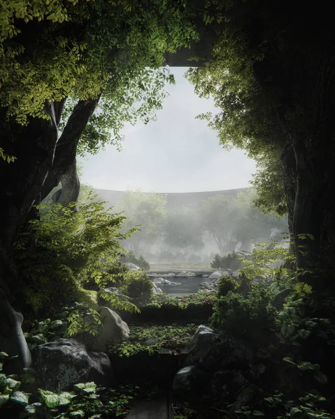 Aşırı gelişmiş terk edilmiş bir bina. Soyut dış mimari arkaplanının 3d görüntülenmesi.