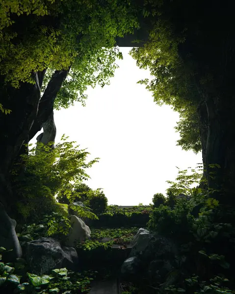 Aşırı gelişmiş terk edilmiş giriş kapısı çerçevesi. Soyut dış mimarinin 3D görüntülemesi.