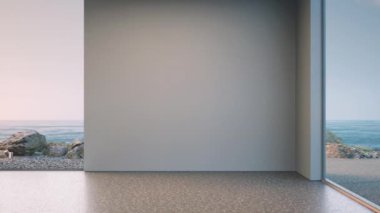Modern evdeki ya da lüks villadaki büyük oturma odasının boş beton zemininde boş bir duvar. Minimum iç mekan 3D plaj ve deniz manzaralı..