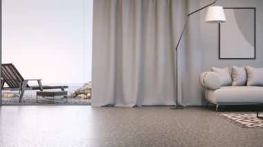 Modern sahil evinde ya da otelde beton zeminde bir kanepe. Işıl ışıl oturma odasının deniz manzaralı iç mekanı..