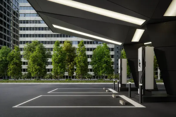 Elektrikli araç hızlı şarj istasyonu. Şehir arka planına sahip soyut mimarinin 3d görüntülenmesi.