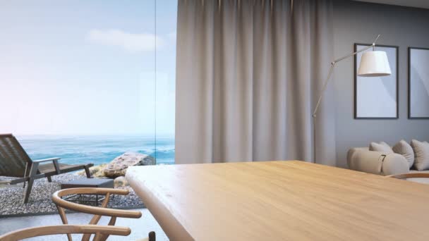 Modern Sahil Evinde Otelde Beton Zeminde Bir Kanepe Deniz Manzaralı — Stok video
