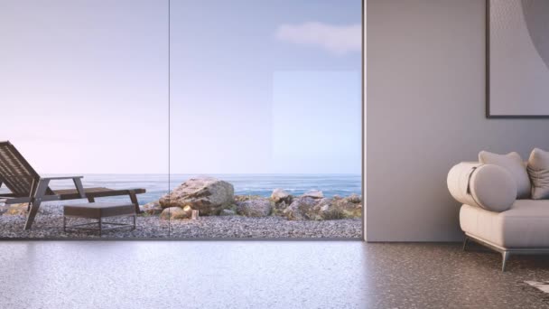 現代のビーチハウスやホテルでコンクリートテラゾのソファー 海の景色を背景にした明るいリビングルームのホームインテリア3Dレンダリング プロダクト表示のための空の暗い床 — ストック動画