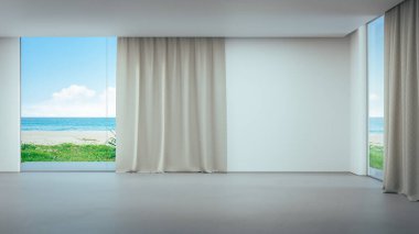 Modern evdeki ya da lüks villadaki büyük oturma odasının boş beton zemininde boş bir duvar. Minimum iç mekan 3D plaj ve deniz manzaralı..