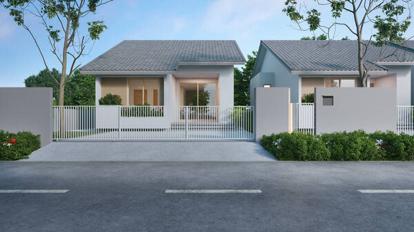 Modern Asian residential property for sale. 3D rendering of a contemporary home with a tropical garden.