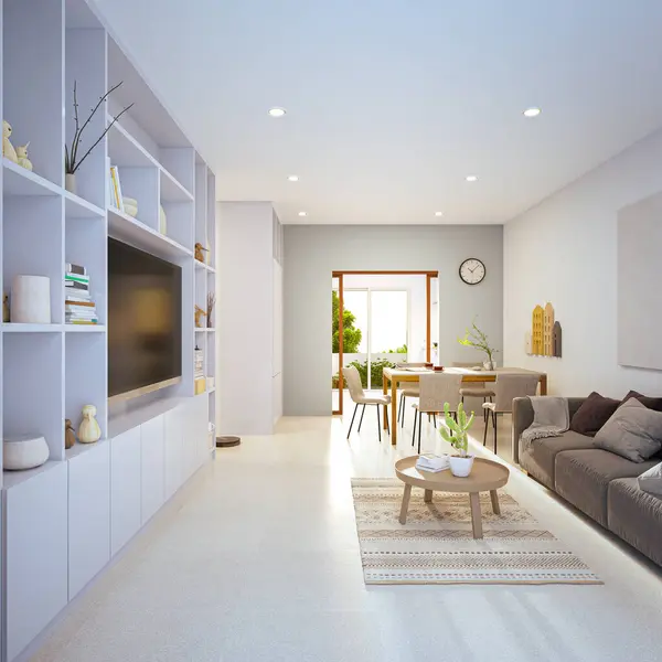 Modern bir evde ya da lüks bir villada, oturma odasının yanında bej bir masa ve kanepe karşısında televizyon. Beyaz duvarlı ev içi 3D görüntüleme.