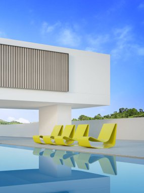 Yüzme havuzunun yanında beton zemin terası olan bir ev. Modern ev ve dağ manzarası arkaplanının 3d görüntülenmesi.