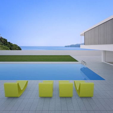 Yüzme havuzunun yanında beton zemin terası olan bir sahil evi. Modern bina ve deniz manzarası arkaplanının 3D görüntüsü.