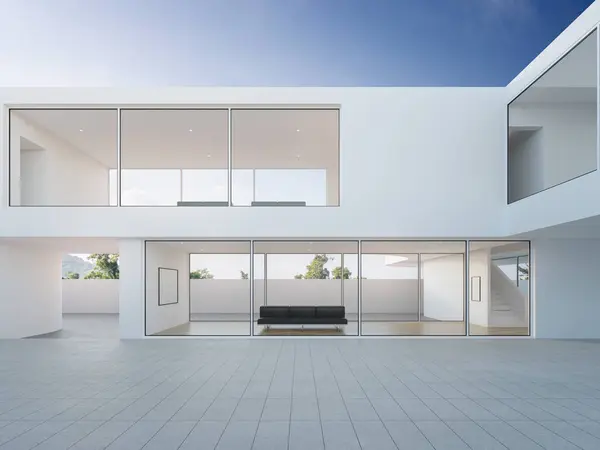 Beton zemin terası olan ev. Modern binanın 3d görüntülenmesi ve mavi gökyüzü arkaplanı.