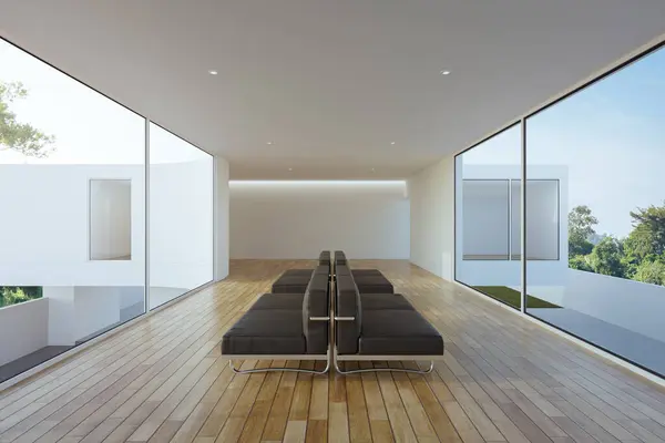 Modern evdeki ya da lüks villadaki boş parlak oturma odası. İç mimari 3D, boş beyaz duvarlı..