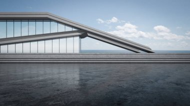 Boş park yeri, beton zemin ve deniz manzaralı soyut bir bina. 3B canlandırma sahnesi arkaplanı.