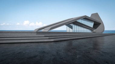 Boş park yeri, beton zemin ve deniz manzaralı soyut bir bina. 3B canlandırma sahnesi arkaplanı.