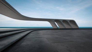 Boş park yeri, beton zemin ve deniz manzaralı soyut bir bina. 3B canlandırma sahnesi arkaplanı.