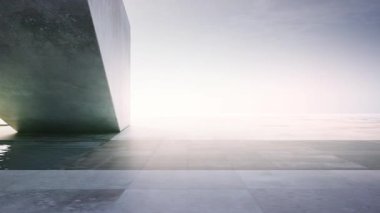 Gölette suyun yanında boş beton teras. Deniz ve açık gökyüzü arkaplanı olan soyut gri binanın 3D görüntülemesi.