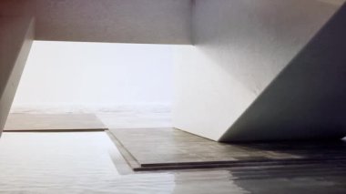 Gölette suyun yanında boş beton teras. Deniz ve açık gökyüzü arkaplanı olan soyut gri binanın 3D görüntülemesi.