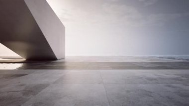 Gölette suyun yanında boş beton teras. Deniz ve açık gökyüzü arkaplanı olan soyut gri binanın 3D görüntülemesi.