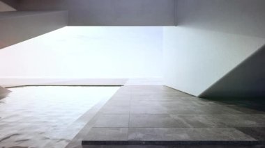 Gölette suyun yanında boş beton teras. Deniz ve açık gökyüzü arkaplanı olan soyut gri binanın 3D görüntülemesi.