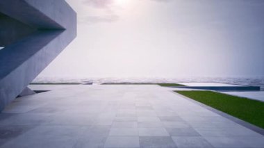 Gölette suyun yanında boş beton teras. Deniz ve açık gökyüzü arkaplanı olan soyut gri binanın 3D görüntülemesi.