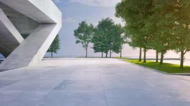 Gölette suyun yanında boş beton teras. Deniz ve açık gökyüzü arkaplanı olan soyut gri binanın 3D görüntülemesi.