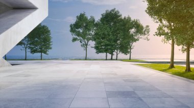 Suyun yakınındaki boş beton teras. Deniz ve açık gökyüzü arkaplanı olan soyut gri binanın 3D görüntülemesi.