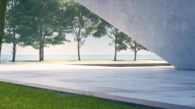 Gölette suyun yanında boş beton teras. Deniz ve açık gökyüzü arkaplanı olan soyut gri binanın 3D görüntülemesi.