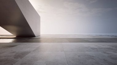 Suyun yakınındaki boş beton teras. Deniz ve açık gökyüzü arkaplanı olan soyut gri binanın 3D görüntülemesi.